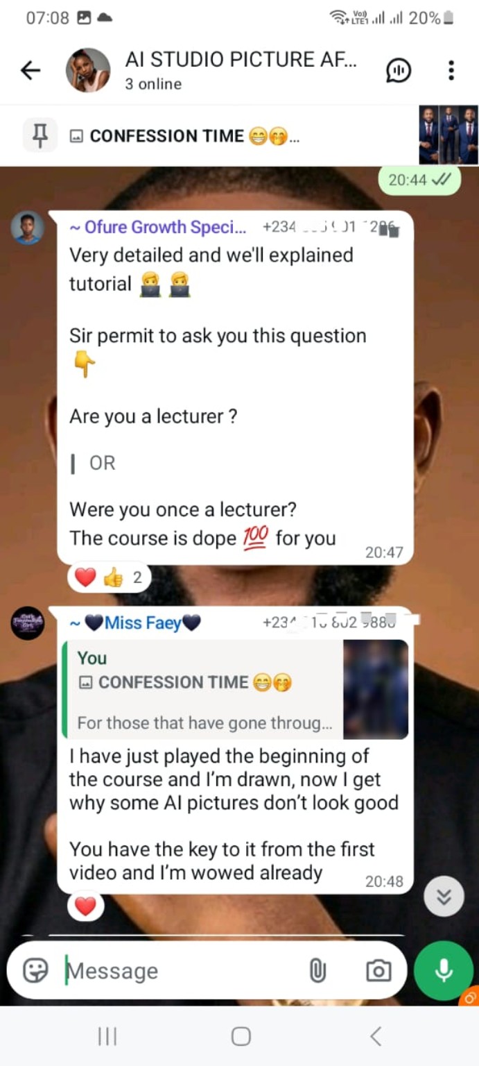 Original WhatsApp screenshot containing two student testimonials praising the tutorial and the first lesson