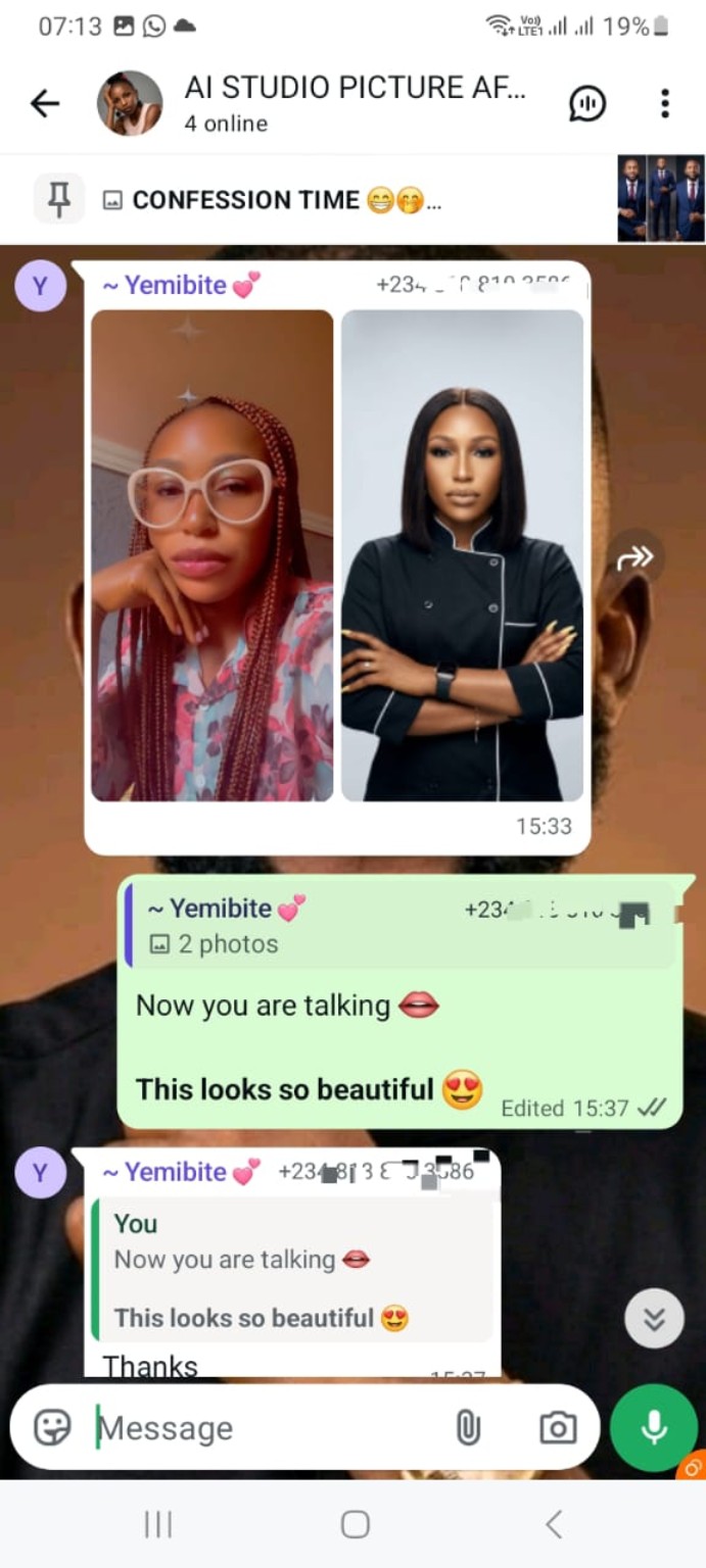 Original student WhatsApp screenshot showing a before image and a polished AI professional portrait result